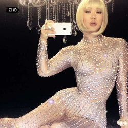 AB Rhinestone pearl Crystal Jumpsuit women Nightclub Pole Party Singer Jazz Dance Stage Costume carnival rave festival designer
