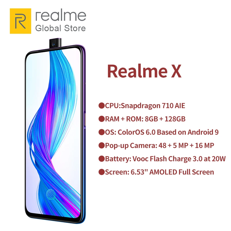 Realme X 6 ГБ Оперативная память 64 Гб Встроенная память Snapdragon 710 Octa Core 6,5" AMOLED Полный Экран смартфон с двумя задними Камера 20 Вт VOOC Зарядное устройство