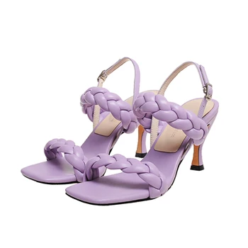 

Lucyever New Solid Color Weave Thin High Heels Sandals Women Summer 2020 High Quality Genuine Leather Sandals Woman Party Shoes
