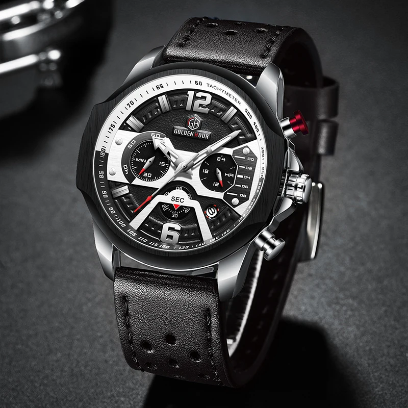 Mens Watches Top Brand Luxury Blue Quartz Men Watch Leather Chronograph Big Sport Wrist Watch Man-5