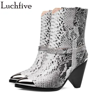 

Snake Pattern Short Boots Women Spike High Heels Ladies Shoes Metal Pointy Toe Boots Femme Runway Black Shoes Woman