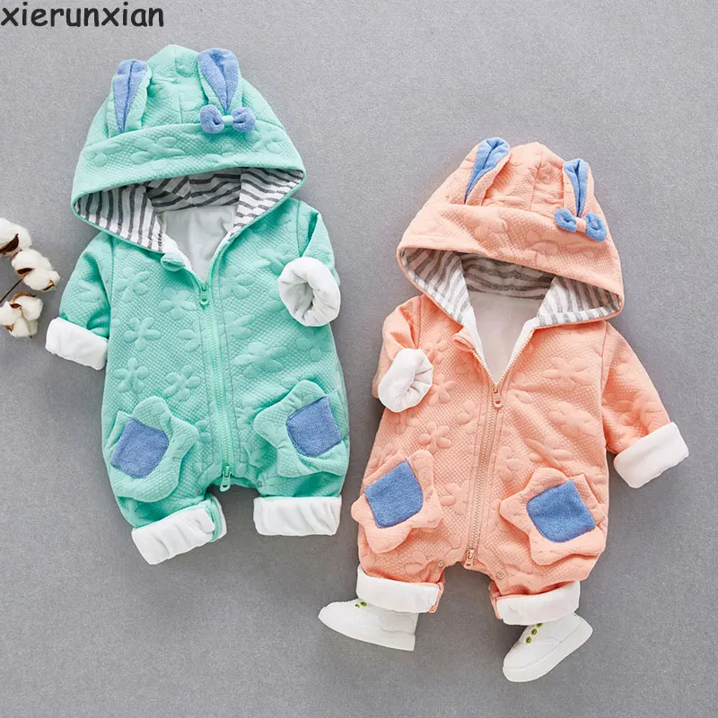 Бархатный комбинезон, Одежда для новорожденных, милая детская одежда с капюшоном, зимний комбинезон, теплый комбинезон для детей 0-18 месяцев