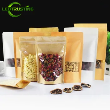 

Leotrusting 50pcs/lot Wholesale Stand up Kraft Paper Window Ziplock Bag Snack Nuts Coffee Packaging Bag Paper Clear/Frosted Bags