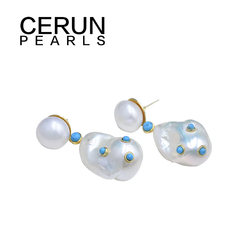 

CERUN BAROQUE PEARLS earring white Color 18-20mm 925 Silver stud Freshwater Pearl Earrings Jewelry For Women