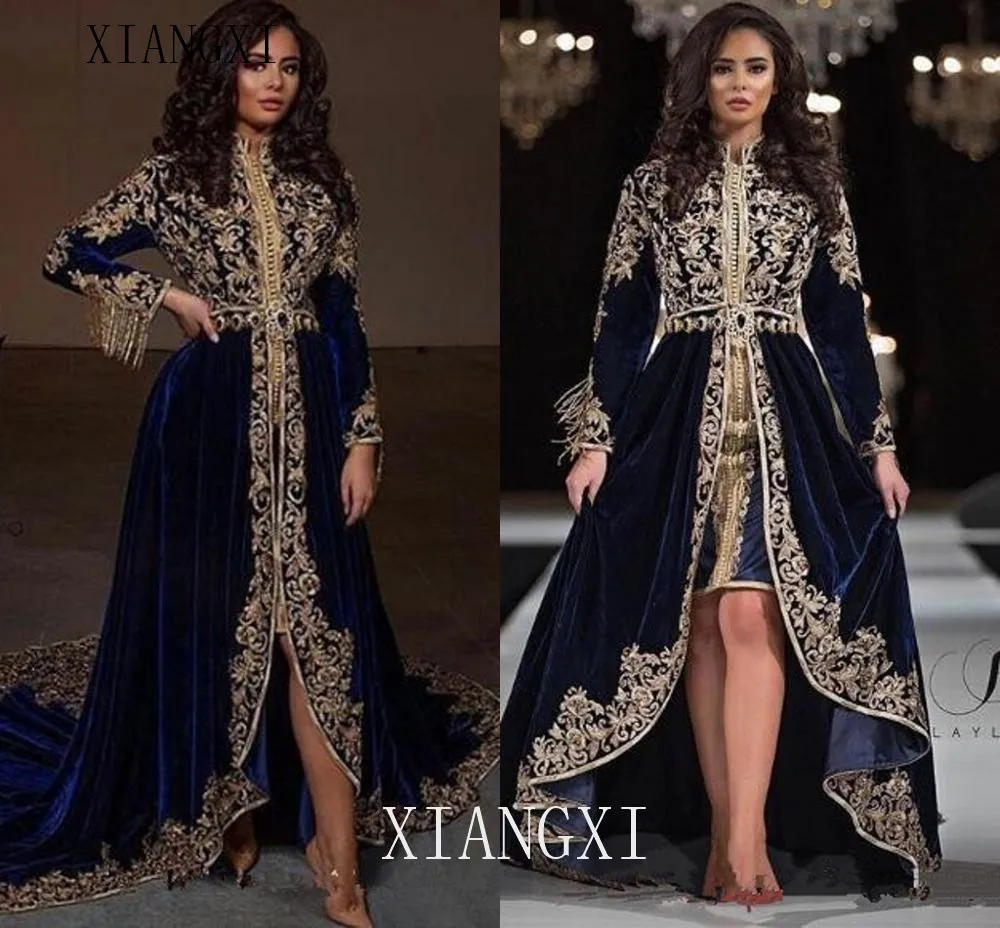 

bleu marine dentelle perlйe arabe Caftans robes de soirйe 2020 col haut velours robes de bal manches longues robes de soir