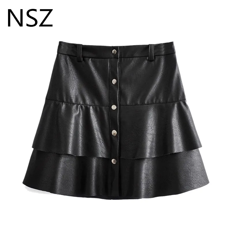 NSZ женские черные кожаные юбки с завышенной талией, многослойная короткая мини-юбка трапециевидной формы, украшенная пуговицами, шикарная юбка faldas mujer