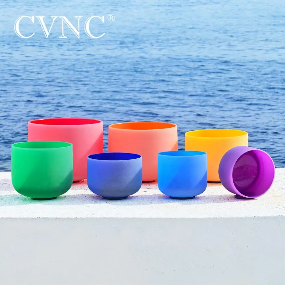 US $386.00 CVNC 612 Chakra Note Set of 7pcs CDEFGAB Colored Frosted Quartz Crystal Singing Bowl