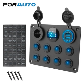 

FORAUTO 8 Gang Car Marine Boat LED Rocker Switch Panel Waterproof Circuit Digital Voltmeter Dual USB Port 12-24V Cigarette Light