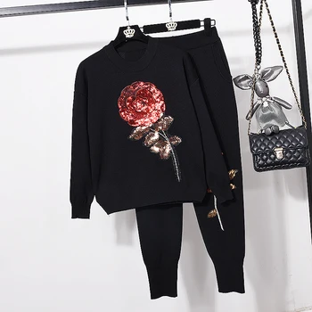 

Fashion Sequins Flowers Long sleeve Tracksuit Set Women Knitted Sweater Long Pencil Pants 2pc Loose Black Knitting Suit Female