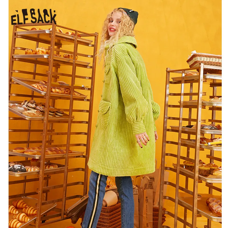 ELFSACK, зеленый, однотонный однобортный Тренч для женщин,, Осень-зима, специальный карман, рукав Бишоп, Офисная Женская верхняя одежда