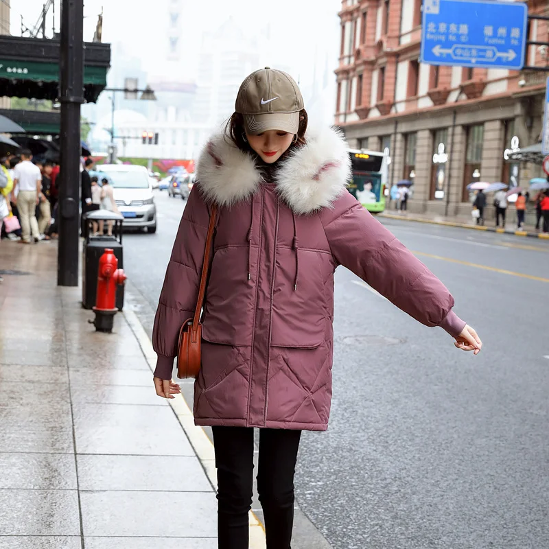 Зимние пуховики средней длины, женские куртки, повседневная куртка с меховым воротником и капюшоном, теплое плотное пальто размера плюс, Женское пальто с большими карманами - Цвет: Bean paste