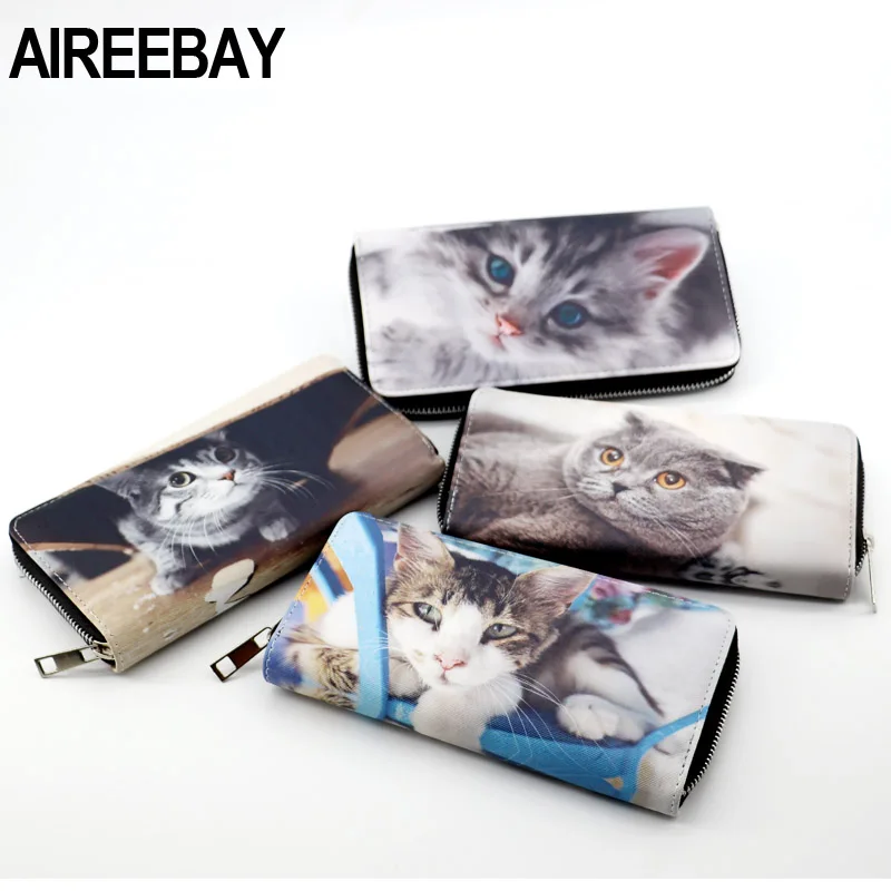 AIREEBAY-billeteras con estampado 3D para mujer, carteras de piel sintética suave con diseño de gatos y animales, monedero pequeño