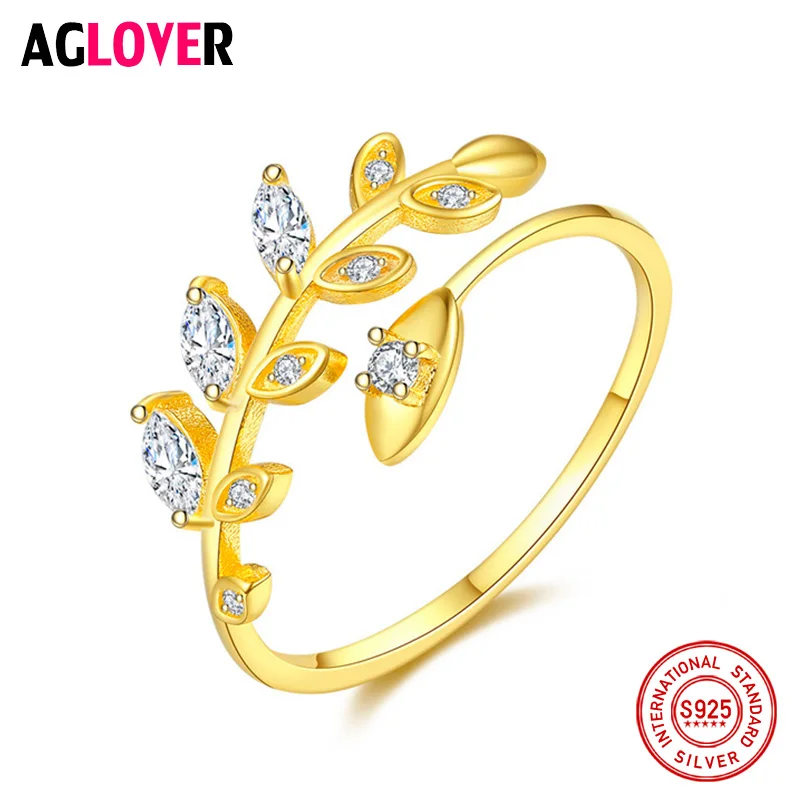 

AGLOVER Fashion S925 Sterling Silver Ring Olive Branch Leaf Zircon for Women's Wild Luxury Wedding Jewelry Gift