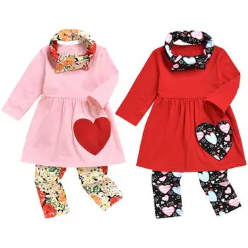 

3Pcs Toddler Kids Girls Valentine’s Day Heart T Shirt Tops Dress Floral Pants Legging Scarf Outfit Clothes