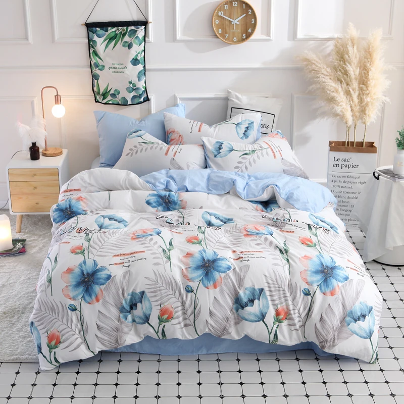 

Blue flowers bedding set Quilt Cover Flat Sheet Pillow Cases Single Double size Home Textile