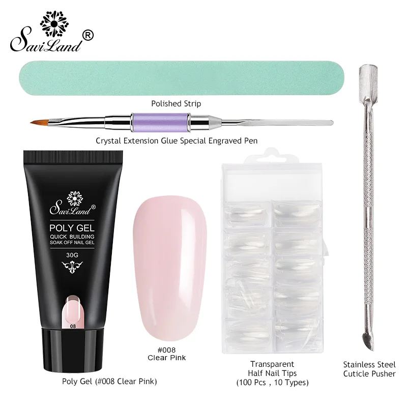 clear pink gel set Saviland поли гель набор 30 г наращивание ногтей строитель гель прозрачный твердый желе гель Длинный натуральный желе гелевый клей для чистки ногтей советы наборы - Цвет: clear pink gel set