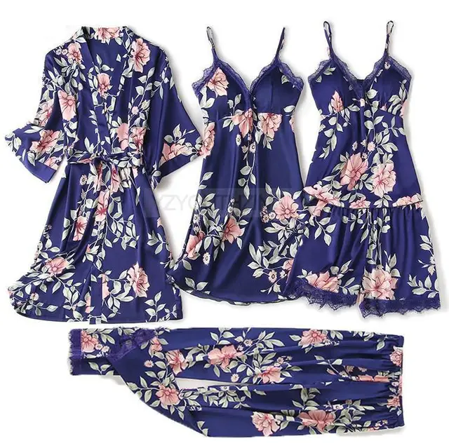 Pajama Set Women Lace Trim Satin Sleepwear Pyjamas Pour Femme Summer Nightwear With Pants Casual Home Wear Kimono Robe Gown PJS Navy Blue D
