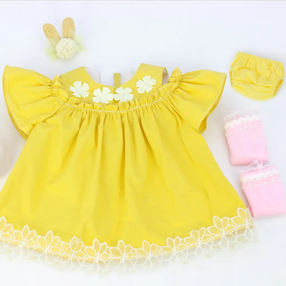 

For 48cm Reborn Doll Clothes Yellow Skirt Flower Lace Hem Off Shoulder Dress Set Cotton Hairpin Elegant Princess Kids Toys Gifts