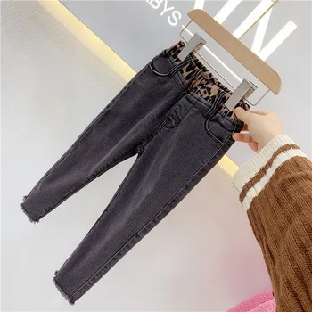 

Spring And Autumn New Products Girls Leopord Pattern Waist Washing Jeans plus Velvet Skinny Pants Pencil Pants