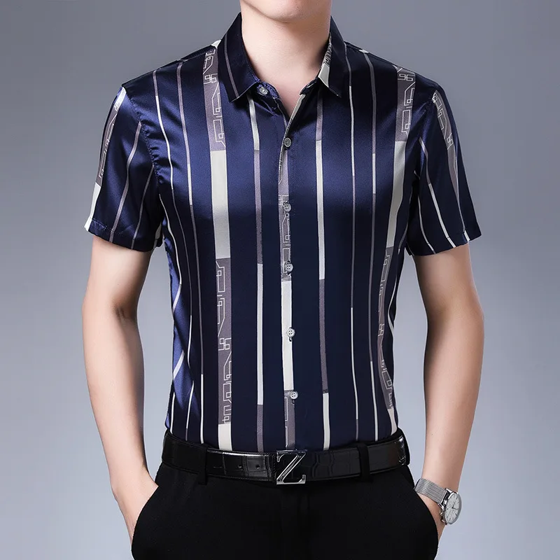 

Creative stripe printing business casual luxury short sleeve shirt Summer quality soft smooth icy cool boutique men shirt M-XXXL