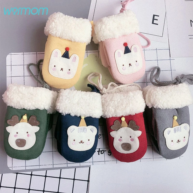 

Warmom Suede Cartoon Thick Warm Baby Gloves Children Kids Plus Velvet Winter Wool Full Rope Finger Mittens Gloves For 2-7 Years