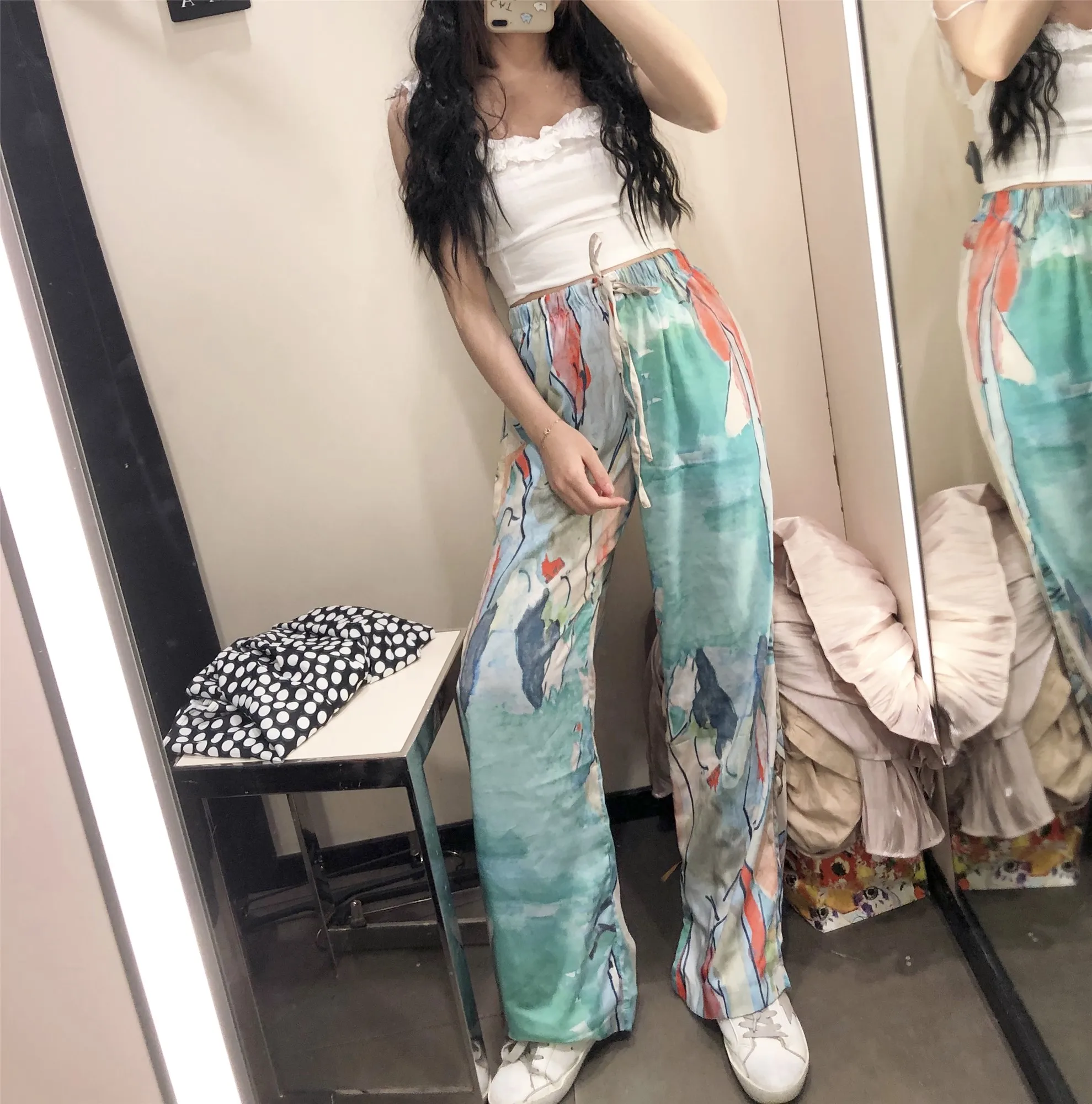 CHEERART Watercolor Print Wide Leg Pants Women Summer Trousers Loose High Waist Drawstring Pants Fashion Streetwear Trendy
