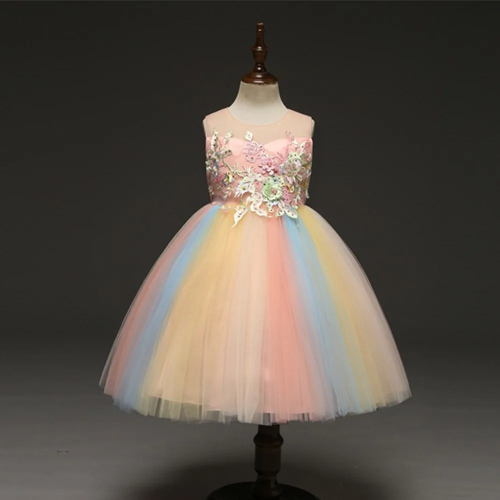 Vestidos/детское вечернее платье для ужина для девочек, Элегантное Длинное платье, Радужное платье-пачка с цветами, фатиновое платье принцессы, вечерние торжественные платья