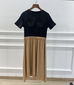 

Women dress Contrast stitching double-pocket decorative O-neck short sleeve fake two-piece lady mid-length dress 2020 NEW