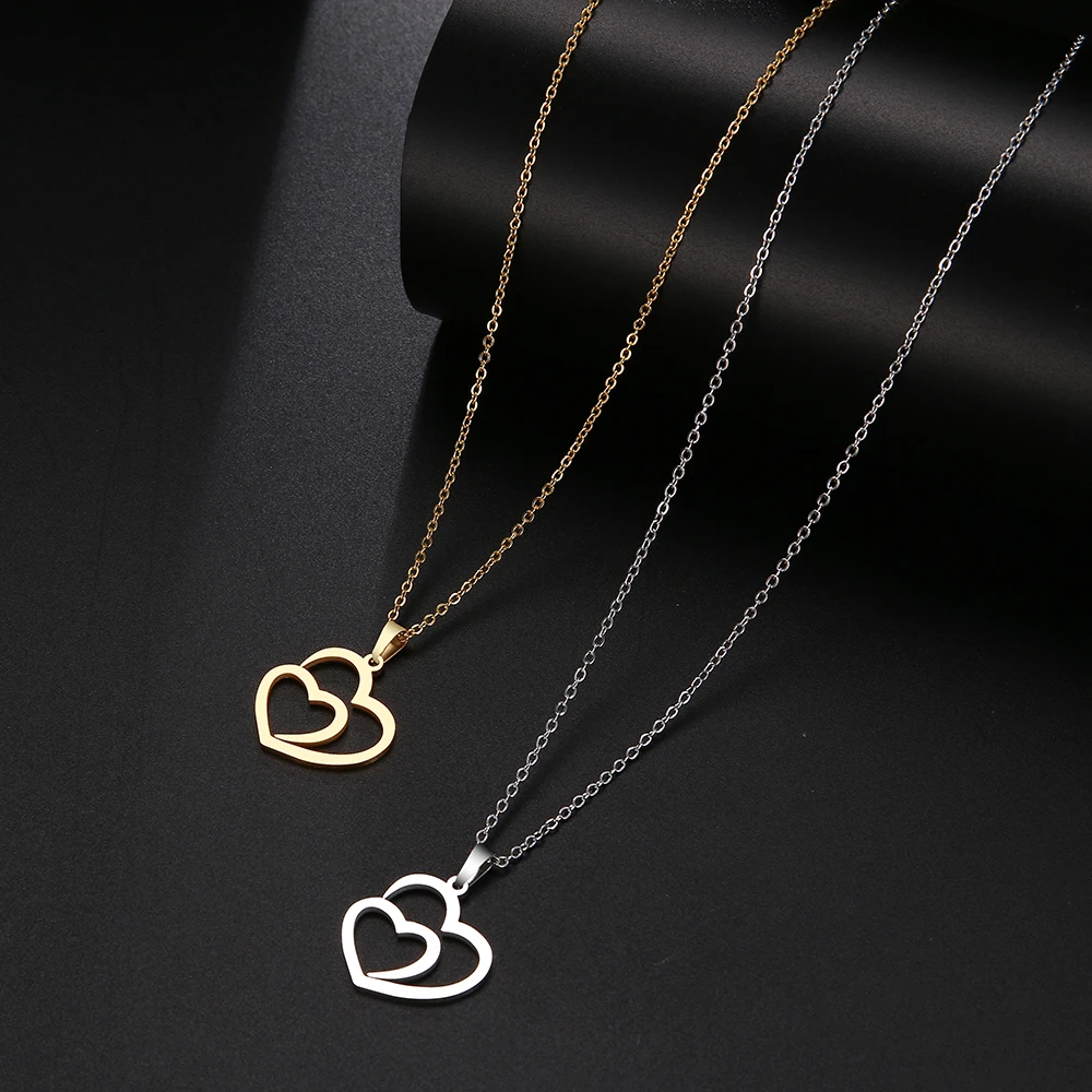 CACANA Stainless Steel Necklace For Women Man Hollow Double Heart Rose Gold Choker Pendant Necklace Engagement Jewelry - Image 5