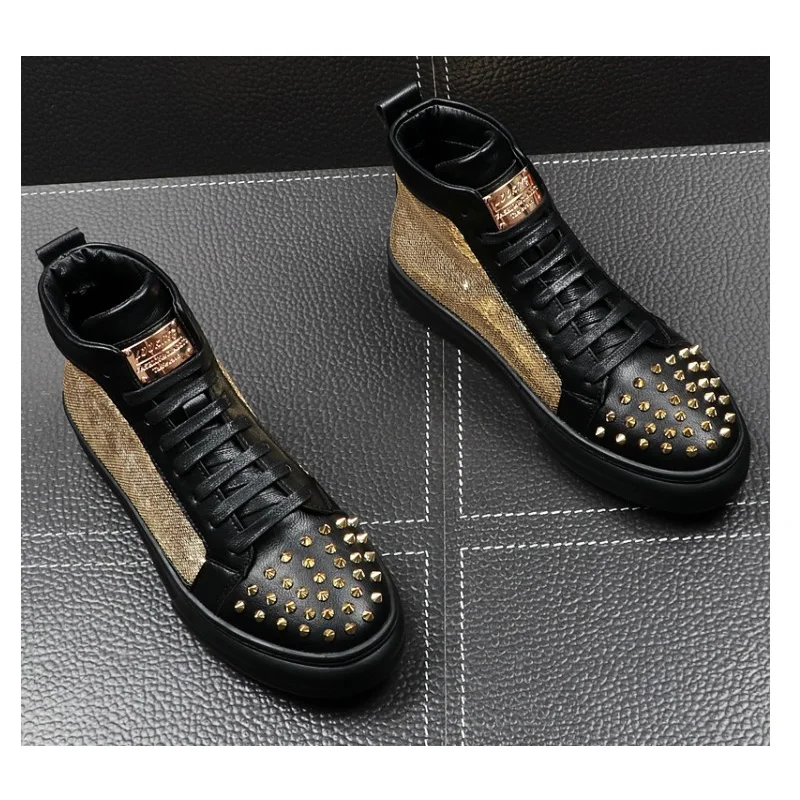 Metal Casual Ankle Boots Men Gold Sequin Rivet Oxford Leisure Men Shoes Stage Dress Hip Hop Sneakers Leather Boots Botas Hombre