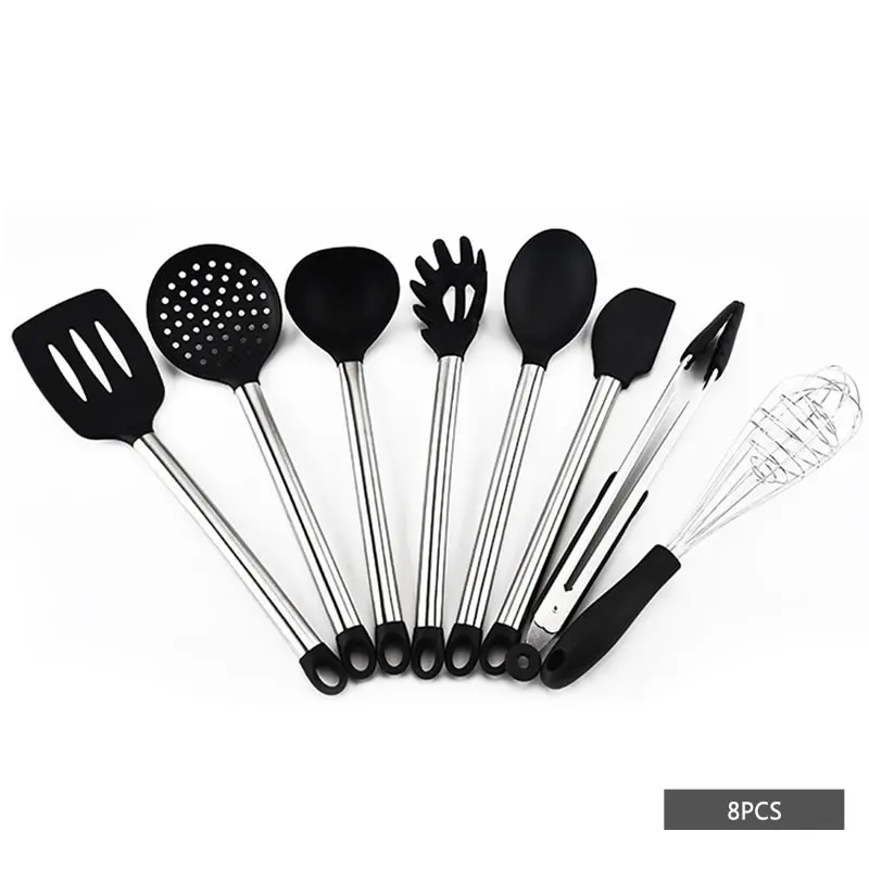 without Holder 8Pcs Silicone Cooking Tools Set Turner Spatula Pasta Scoop Soup Ladle Spoon Scraper Egg Whisk Tongs with Holder Kitchen Utensils - Цвет: without Holder