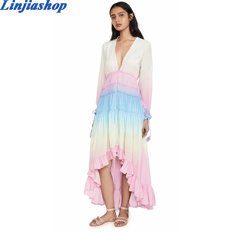 Summer Boho Maxi Dress Rainbow Colorful Gradient Long Sleeve Beach