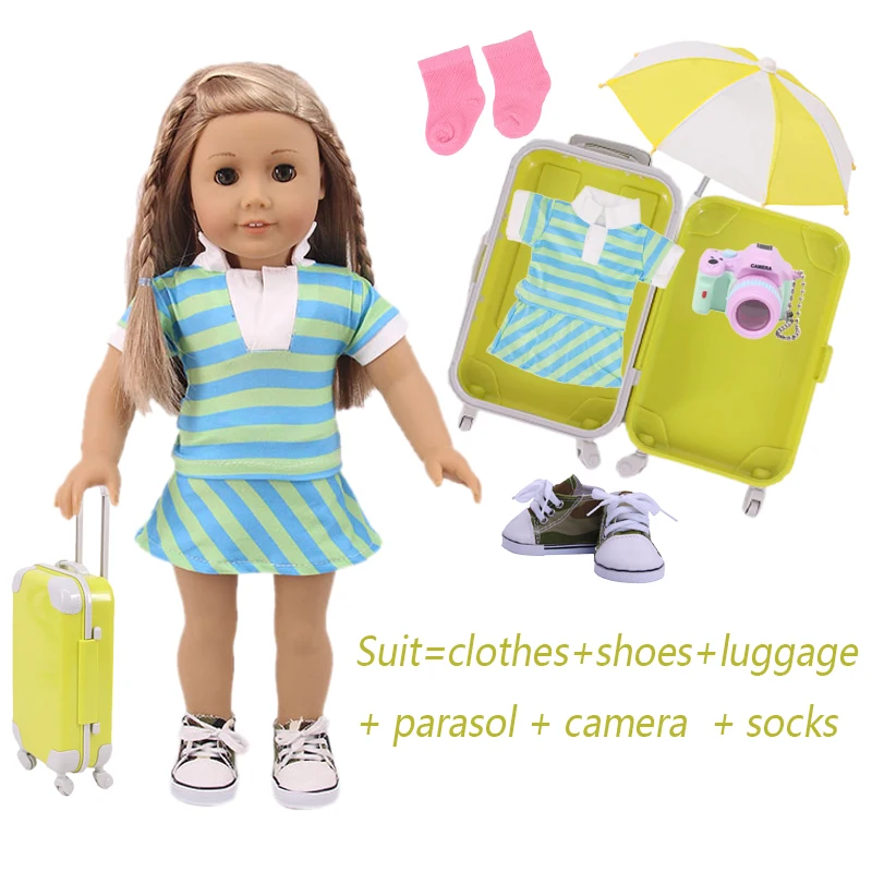 New 6Pcs Doll Shoes Clothes Suitcase Set For 18Inch American Doll&43CM Born Baby Generation Russian Girl's Christmas Gift