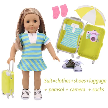 

New 6Pcs Doll Shoes Clothes Suitcase Set For 18Inch American Doll&43CM Born Baby Generation Russian Girl's Christmas Gift