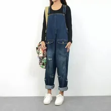 QPFJQD женские свободные джинсы комбинизон с лямками джинсовые брюки синие женские рваные Карманы Хип-Хоп Мешковатые повседневные хлопковые брюки негабаритных