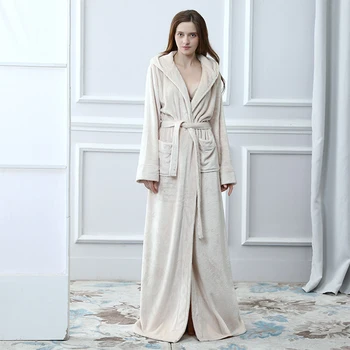 

Women Men Hooded Bathrobe Ankle Length Couple Casual Long Sleeve Soft Thickened Flannel Solid Winter Warm Sleepwear Cozy Fashion