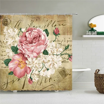 

European Retro Flower Shower Curtains Bath Curtain Bathroom Waterproof 3d Printing Polyester Fabric With Hooks Home Decor Mat