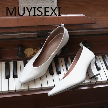 

4.5cm high heels shoes women soft genuine leather pointed toe stiletto women fashion pumps Black Beige Brown THN10 MUYISEXI