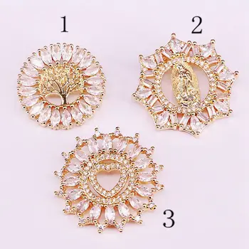 

10Pcs CZ Micro Pave Heart / Tree / Religious Charm Pendant, Gold Filled Cubic Zirconia Pave Charm Round Pendants