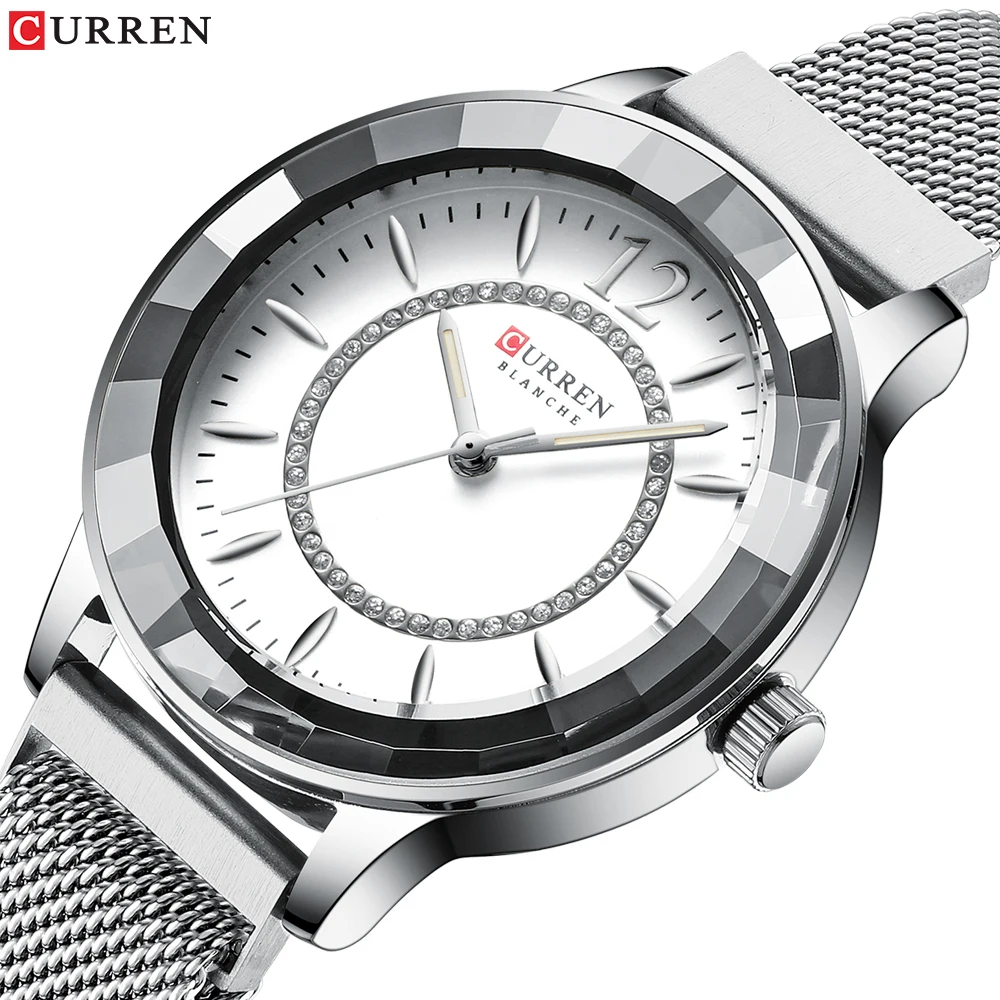

CURREN Female Bling Crystal Quartz Watch Silver White Analog Ladies Stainless Steel Mesh Band Wristwatch Dress Clock Reloj Mujer