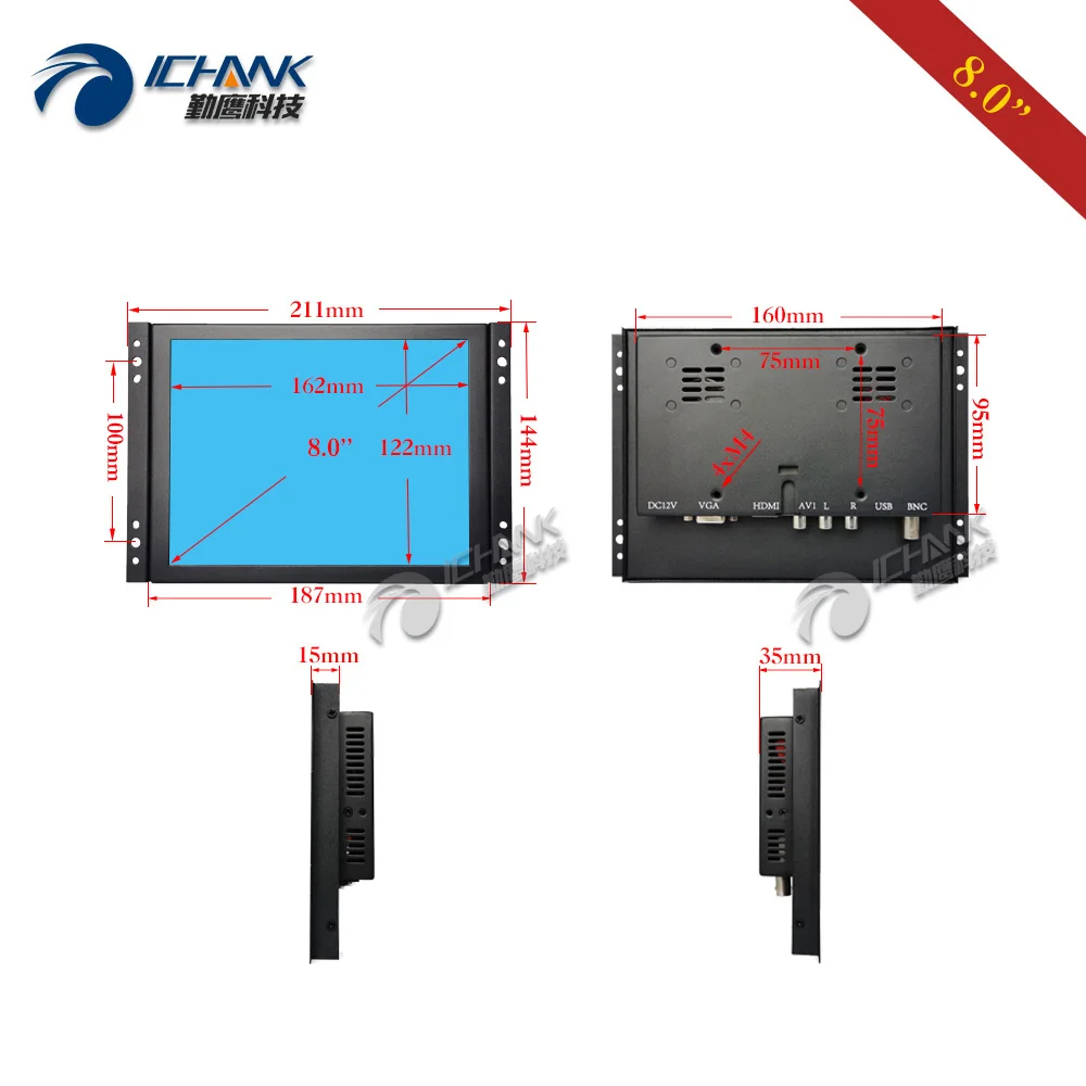 K080TN-ABHV/8 дюймов 1024x768 Малый размер AV BNC VGA HDMI Встроенный Открытый каркас настенный промышленный ПК монитор ЖК-экран