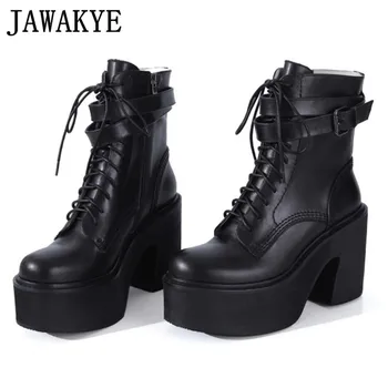 

High heel platform ankle boots cow leather round toe lace up motorcycle boots buckle strap women cowgirl shoes