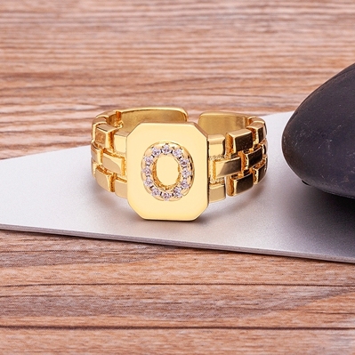 Arrival Fashion Gold Color Initial Ring Open Design Adjustable Hot Sale Watchband Chain A-Z Letters Zircon Rings For Women