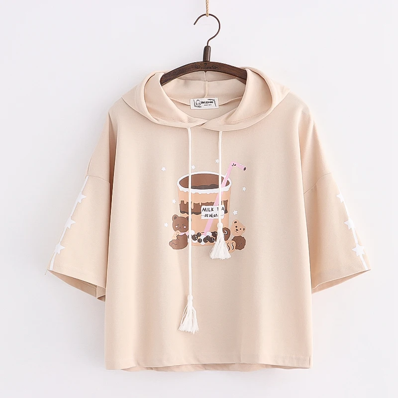 

Summer Teen Girls Oversize Short Sleeve T-shirt Casual Japanese Bear Printed Tassels Loose Hooded Tee Women Leisure Pullover