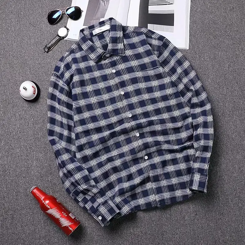 shirt man Весенне-осенняя длинная рубашка с карманом мужская одежда Slim Fit Мужская клетчатая рубашка с длинным рукавом Повседневная Уличная мужская рубашка - Цвет: shirt man
