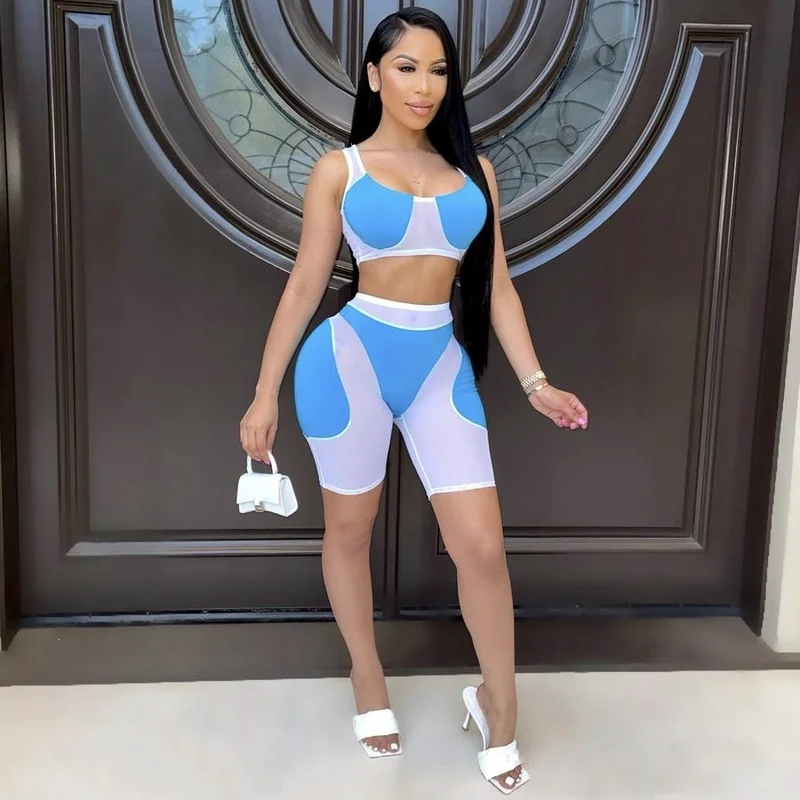 Women Sexy Tracksuit Two Piece Set Mesh See Though Patchwork Crop Tops and Shorts Suit Club Party Fitness Outfits Matching Suits nike men nike club mesh flow shorts dx0736 100