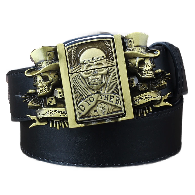 Мужской ремень с зажигалкой в виде золотого черепа|men leather belt|belt for menbelt men |