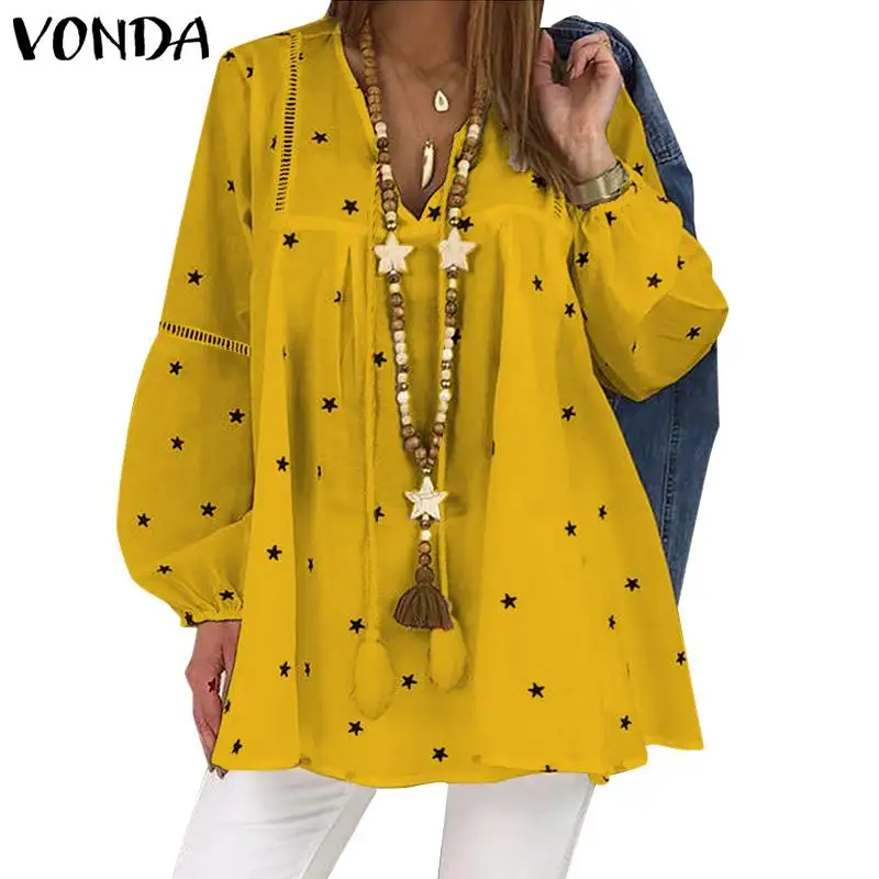 VONDA/Большие размеры, свободная блузка с принтом, женские осенние Рубашки с длинным рукавом и v-образным вырезом, повседневные пляжные топы, женские блузы, богемные рубашки