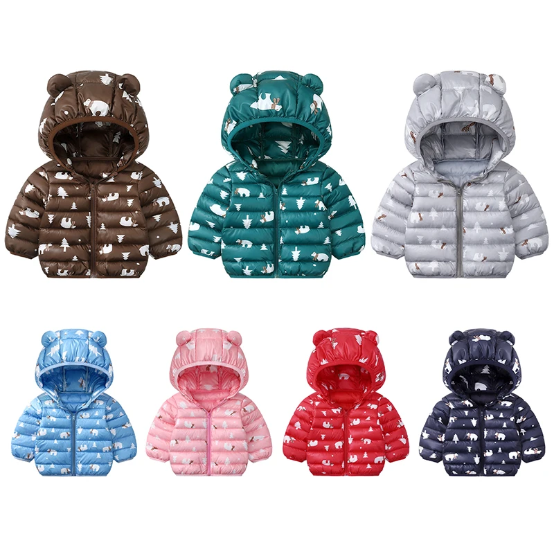 

Winter New Baby Children Boys Grils Warm Long Sleeve Down Jacket Floral Hoodie Solid Color Down Outerwear