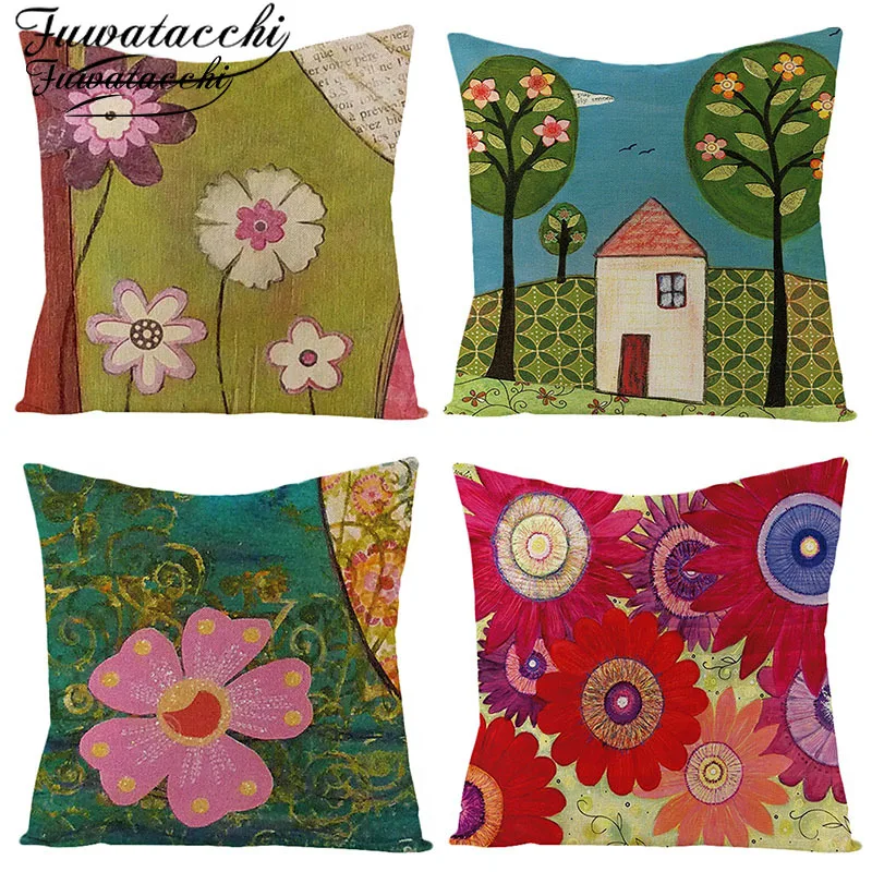 

Fuwatacchi Pink Sunflower Linen Cushion Cover Colorful Flowers Throw Pillow Cover Nature Views Square 45X45 Pillowcases